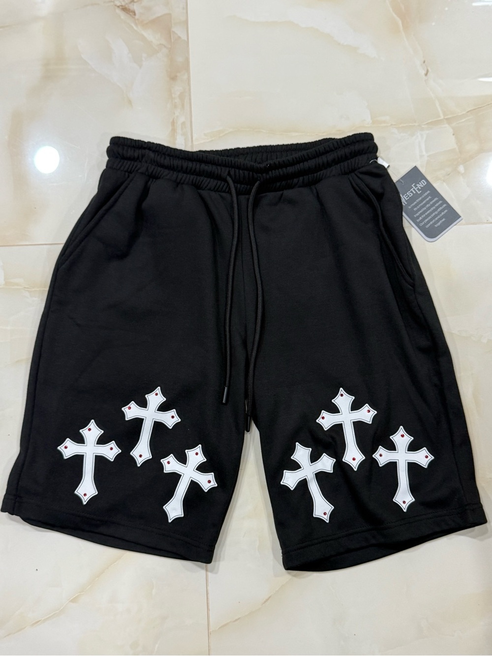 Men's Black Cross-Accent Athletic Shorts with Drawstring Waist